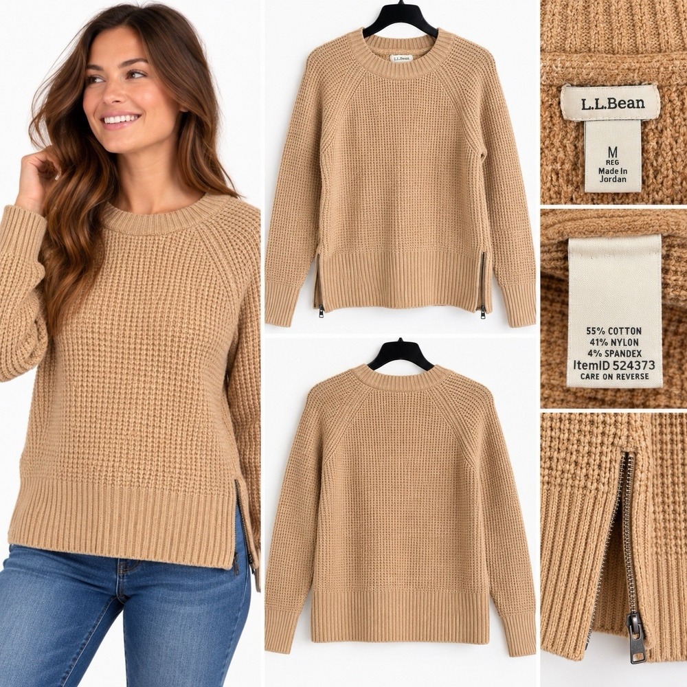 L.L.Bean Women’s Medium SuperSoft Waffle Crewneck Sweater Side Zip Tan 524373